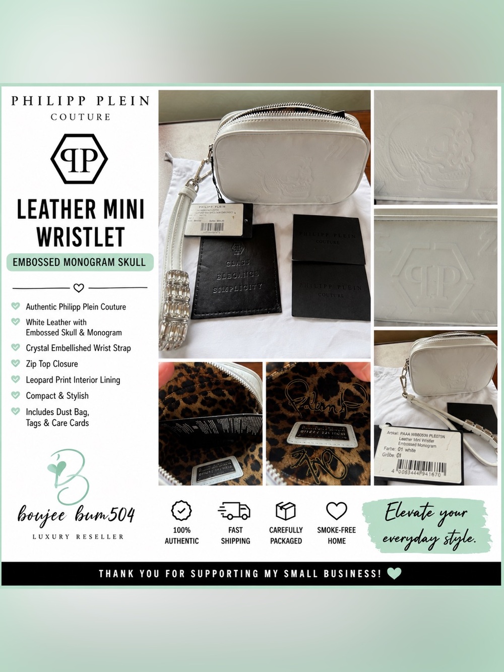 Philipp Plein White Leather Embossed Skull Wristlet NWT Crystal Strap